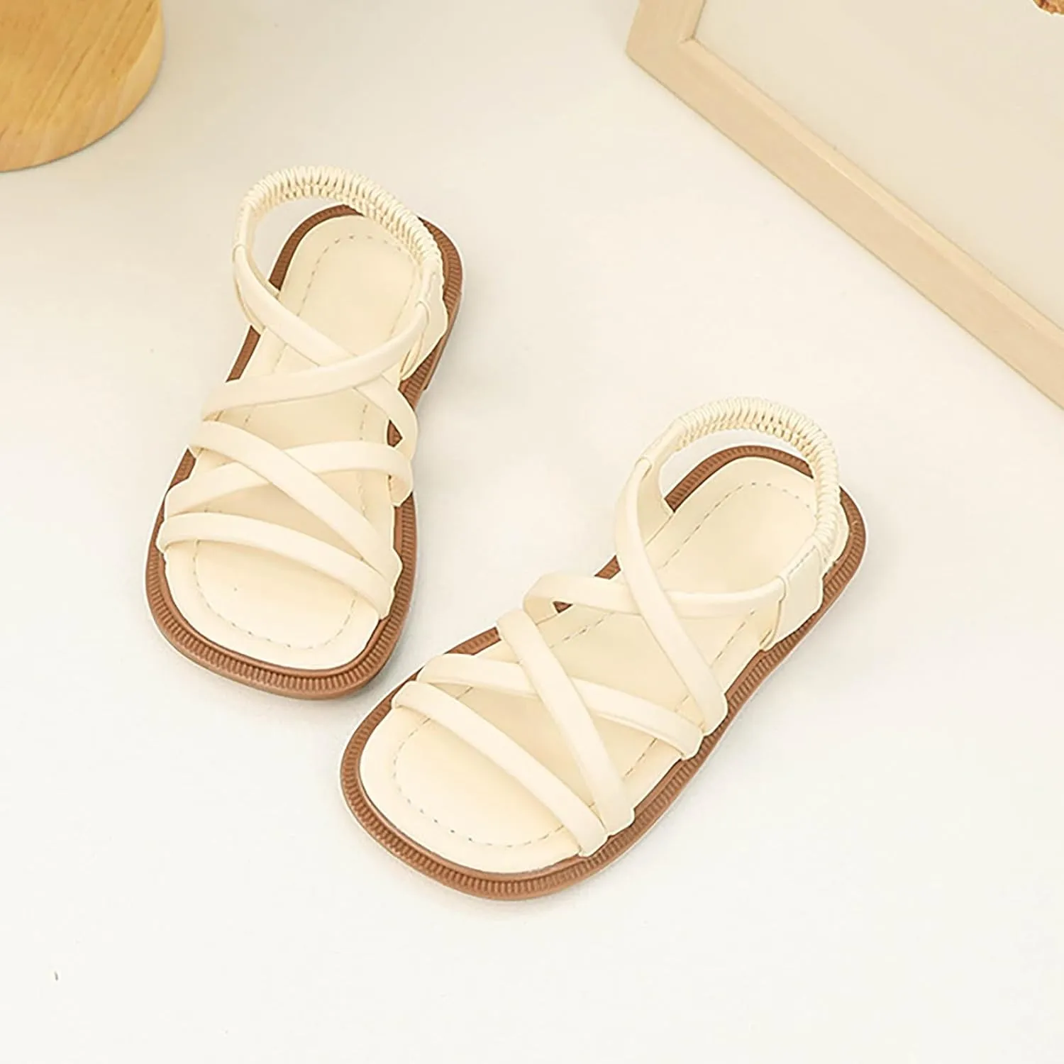 Girls Soft Sandals Gladiator Open Toe Elastic Soft Bottom Solid Color Roman Beach Anti-Slip Slipper Flat