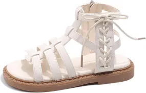 Girls Solid Color Roman ladiator Strappy Sandals Vintage Sandal Big Kids Closed Toe Soft Rubber Low Heels Flat