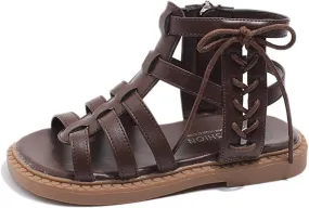 Girls Solid Color Roman ladiator Strappy Sandals Vintage Sandal Big Kids Closed Toe Soft Rubber Low Heels Flat
