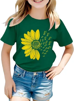 Girls Sunflower T Shirt Summer Cute Floral Print Kids Short Sleeve Basic Tee Crewneck Cotton Top Casual Athletic