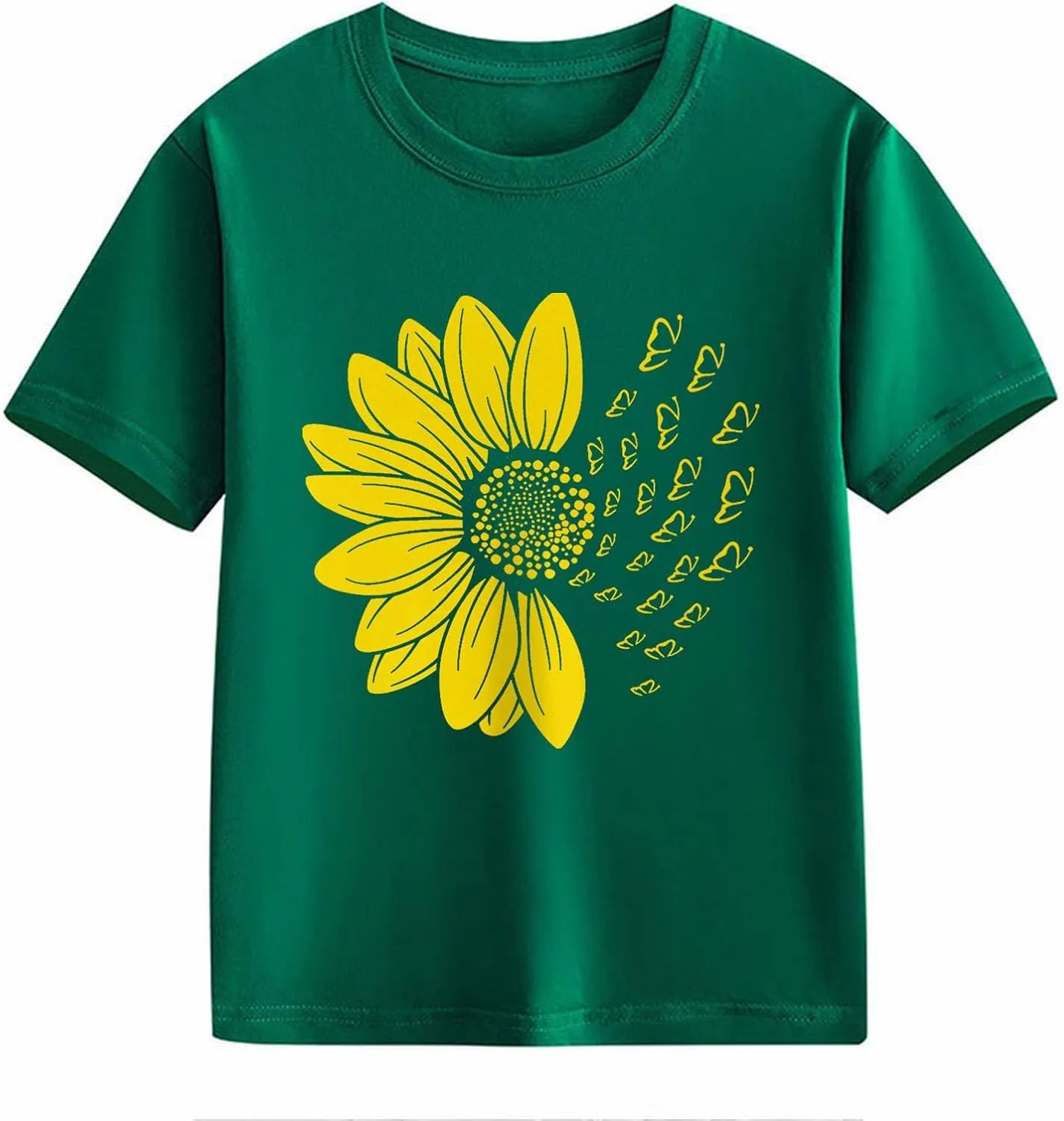 Girls Sunflower T Shirt Summer Cute Floral Print Kids Short Sleeve Basic Tee Crewneck Cotton Top Casual Athletic