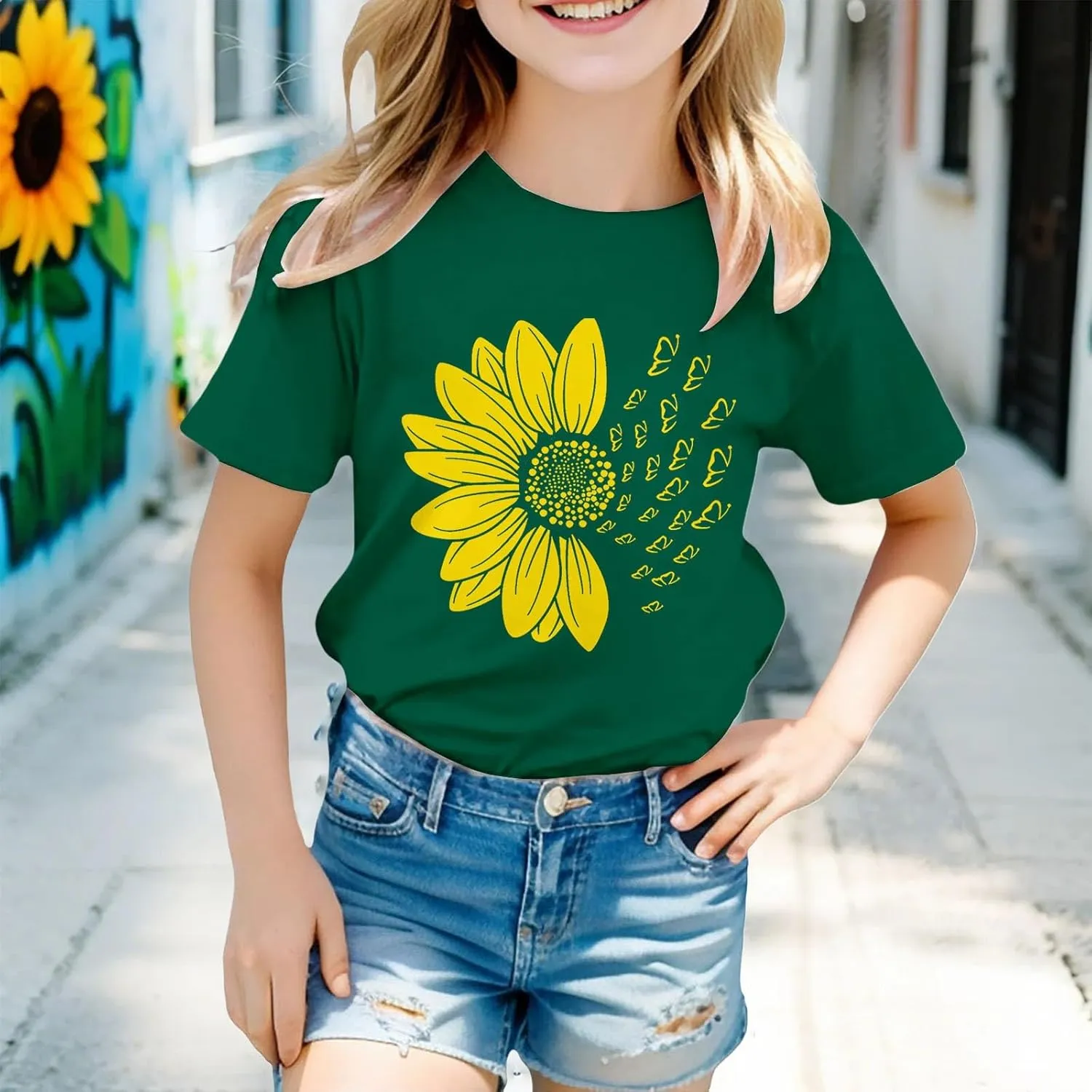 Girls Sunflower T Shirt Summer Cute Floral Print Kids Short Sleeve Basic Tee Crewneck Cotton Top Casual Athletic