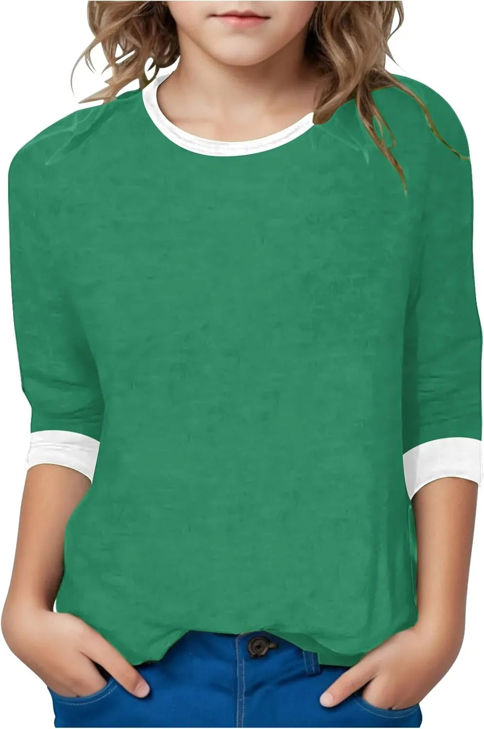 Girls T Shirts 3/4 Sleeve Cute Color Block Tops T-Shirts Teen Girls 2025 Summer Blouse Basic Crewneck Tees Shirt