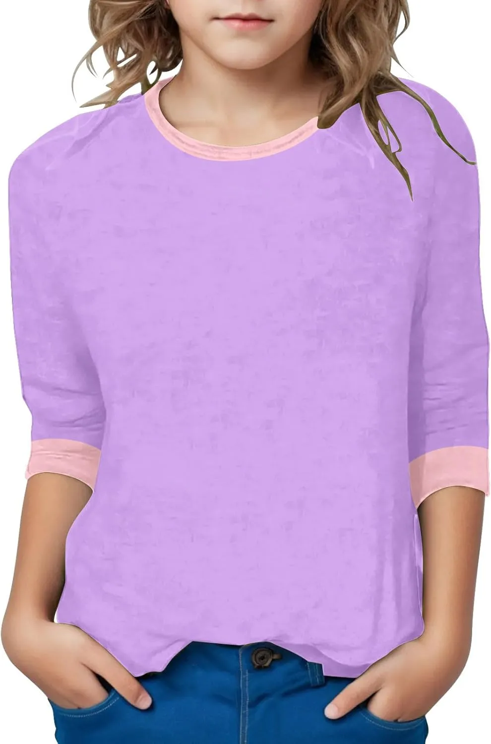 Girls T Shirts 3/4 Sleeve Cute Color Block Tops T-Shirts Teen Girls 2025 Summer Blouse Basic Crewneck Tees Shirt