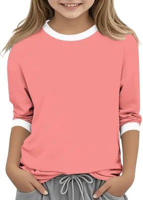 Girls T Shirts 3/4 Sleeve Cute Color Block Tops T-Shirts Teen Girls 2025 Summer Blouse Basic Crewneck Tees Shirt