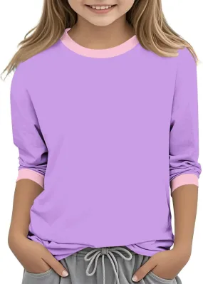 Girls T Shirts 3/4 Sleeve Cute Color Block Tops T-Shirts Teen Girls 2025 Summer Blouse Basic Crewneck Tees Shirt
