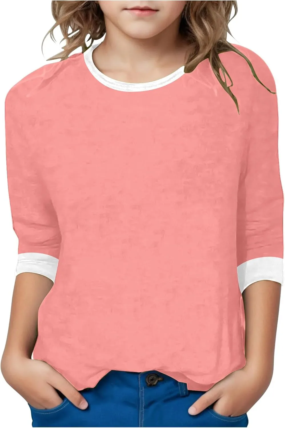 Girls T Shirts 3/4 Sleeve Cute Color Block Tops T-Shirts Teen Girls 2025 Summer Blouse Basic Crewneck Tees Shirt