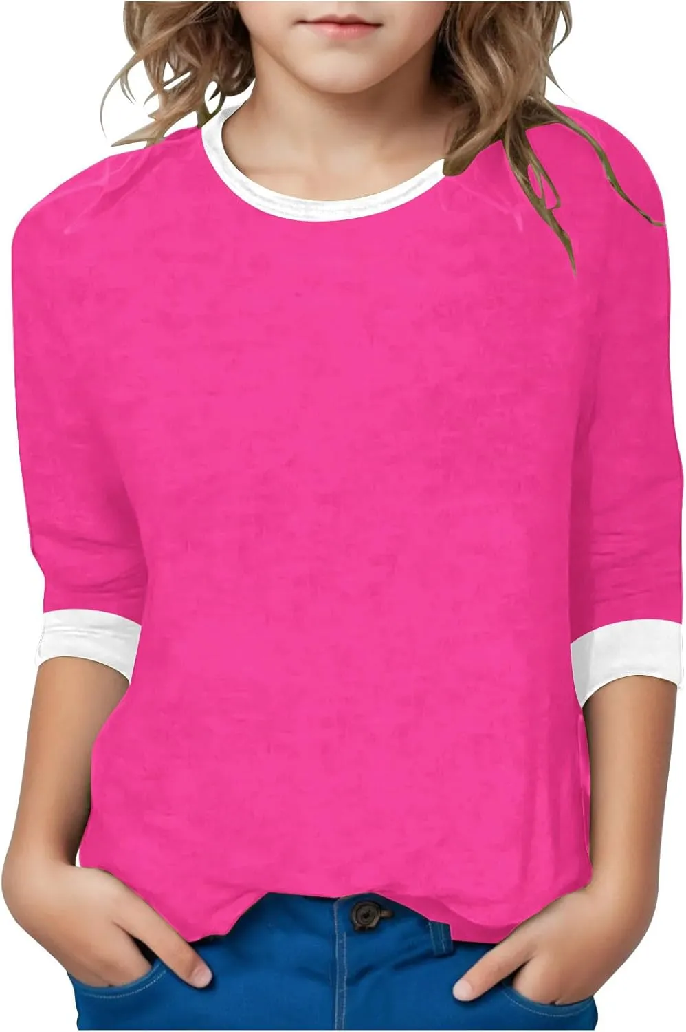 Girls T Shirts 3/4 Sleeve Cute Color Block Tops T-Shirts Teen Girls 2025 Summer Blouse Basic Crewneck Tees Shirt