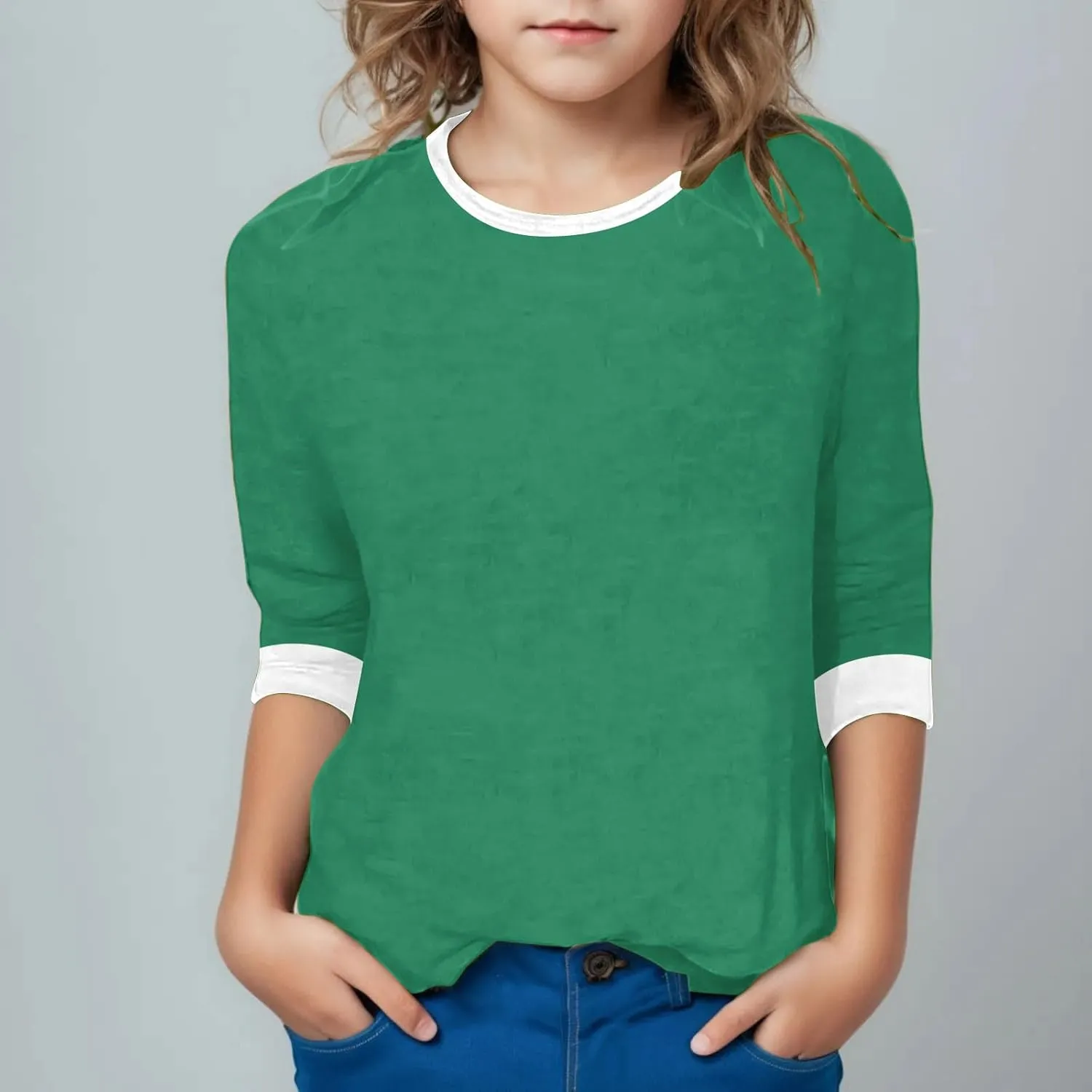 Girls T Shirts 3/4 Sleeve Cute Color Block Tops T-Shirts Teen Girls 2025 Summer Blouse Basic Crewneck Tees Shirt