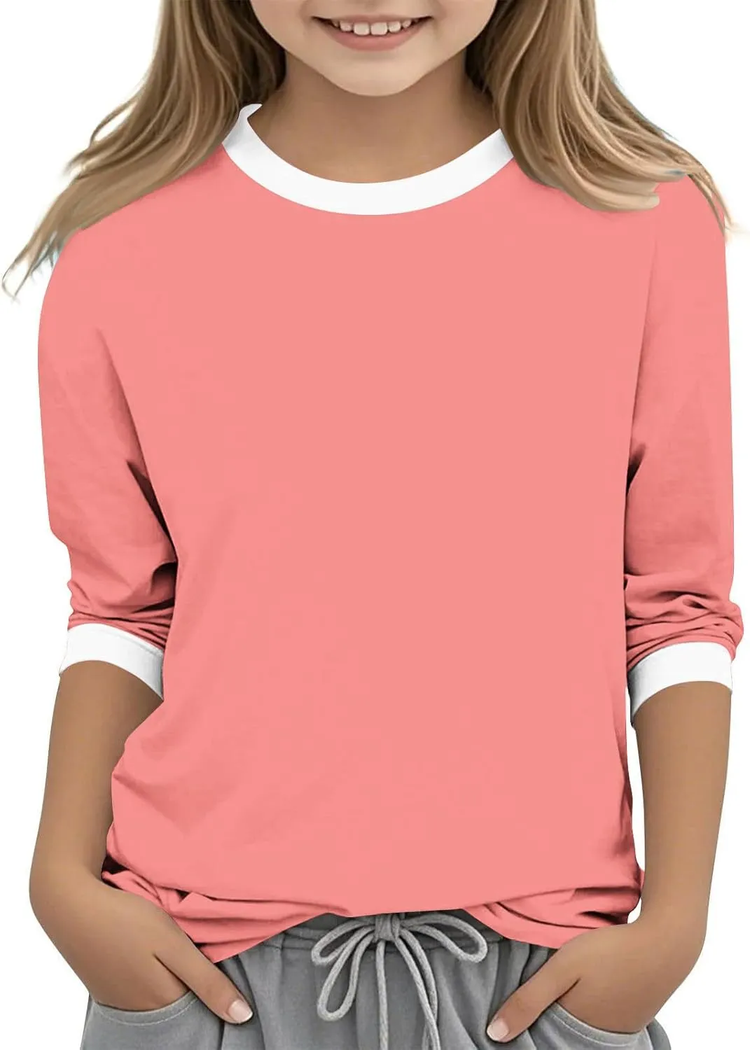 Girls T Shirts 3/4 Sleeve Cute Color Block Tops T-Shirts Teen Girls 2025 Summer Blouse Basic Crewneck Tees Shirt