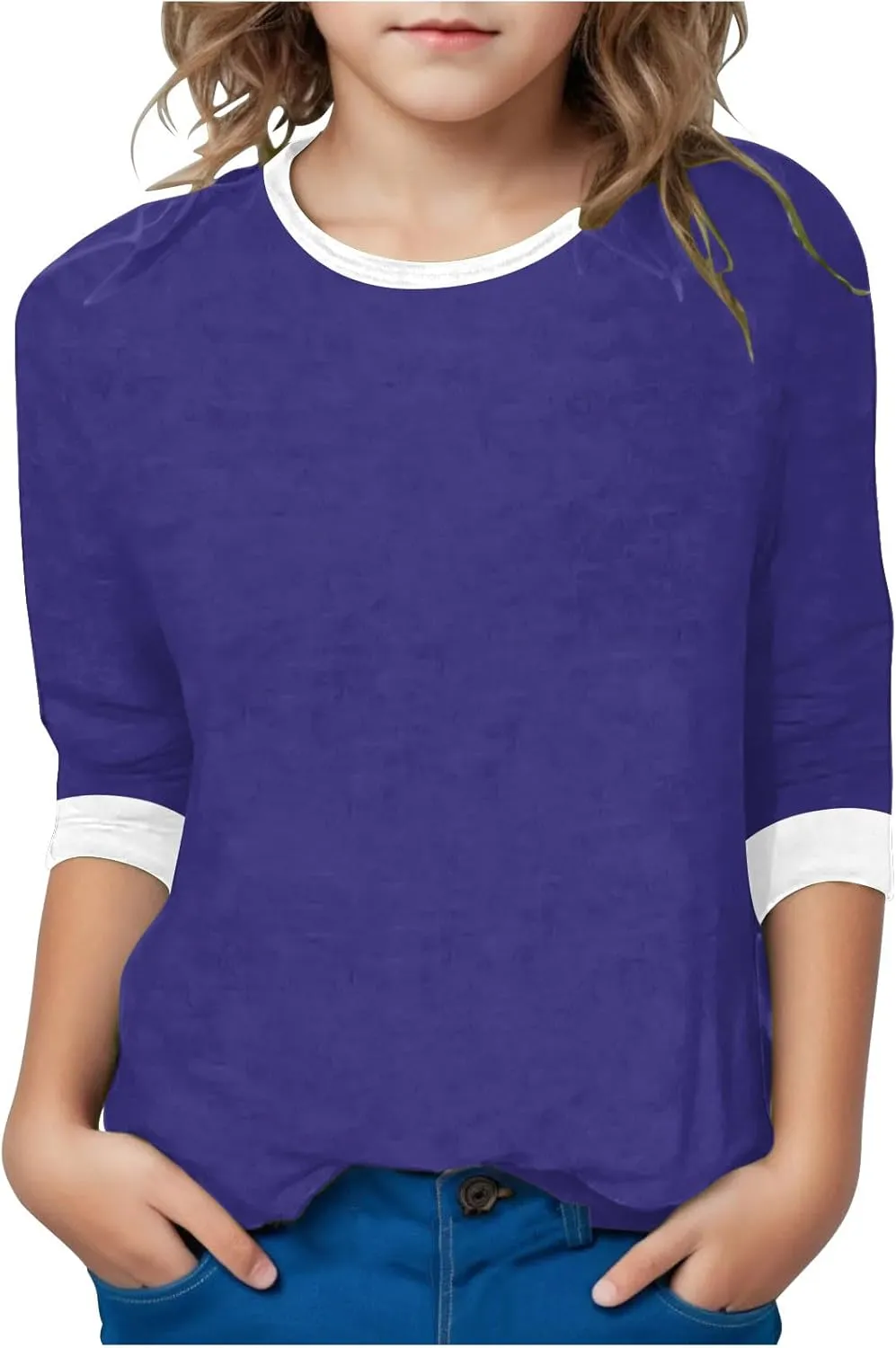 Girls T Shirts 3/4 Sleeve Cute Color Block Tops T-Shirts Teen Girls 2025 Summer Blouse Basic Crewneck Tees Shirt
