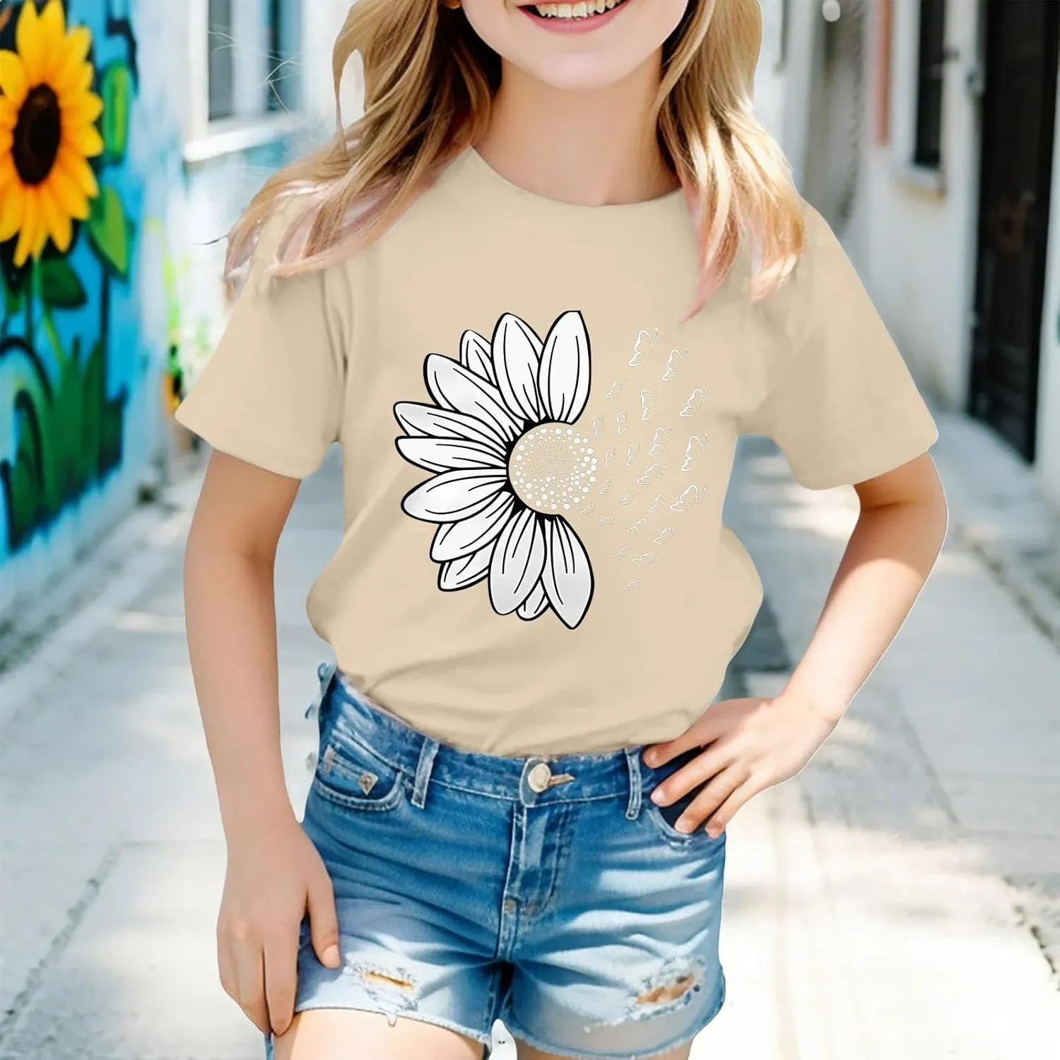 Girls T Shirts Short Sleeve Graphic Printed Solid Crewneck Casual Pullover Tops Basic Tees Kids Funny Cute Clothes