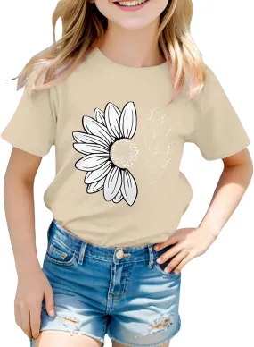 Girls T Shirts Short Sleeve Graphic Printed Solid Crewneck Casual Pullover Tops Basic Tees Kids Funny Cute Clothes