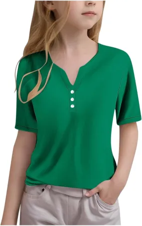 Girls T Shirts V Neck Button Down Henley Shirts Short Sleeve Comfy Blouse Dressy Casual Trendy Tunic Tops