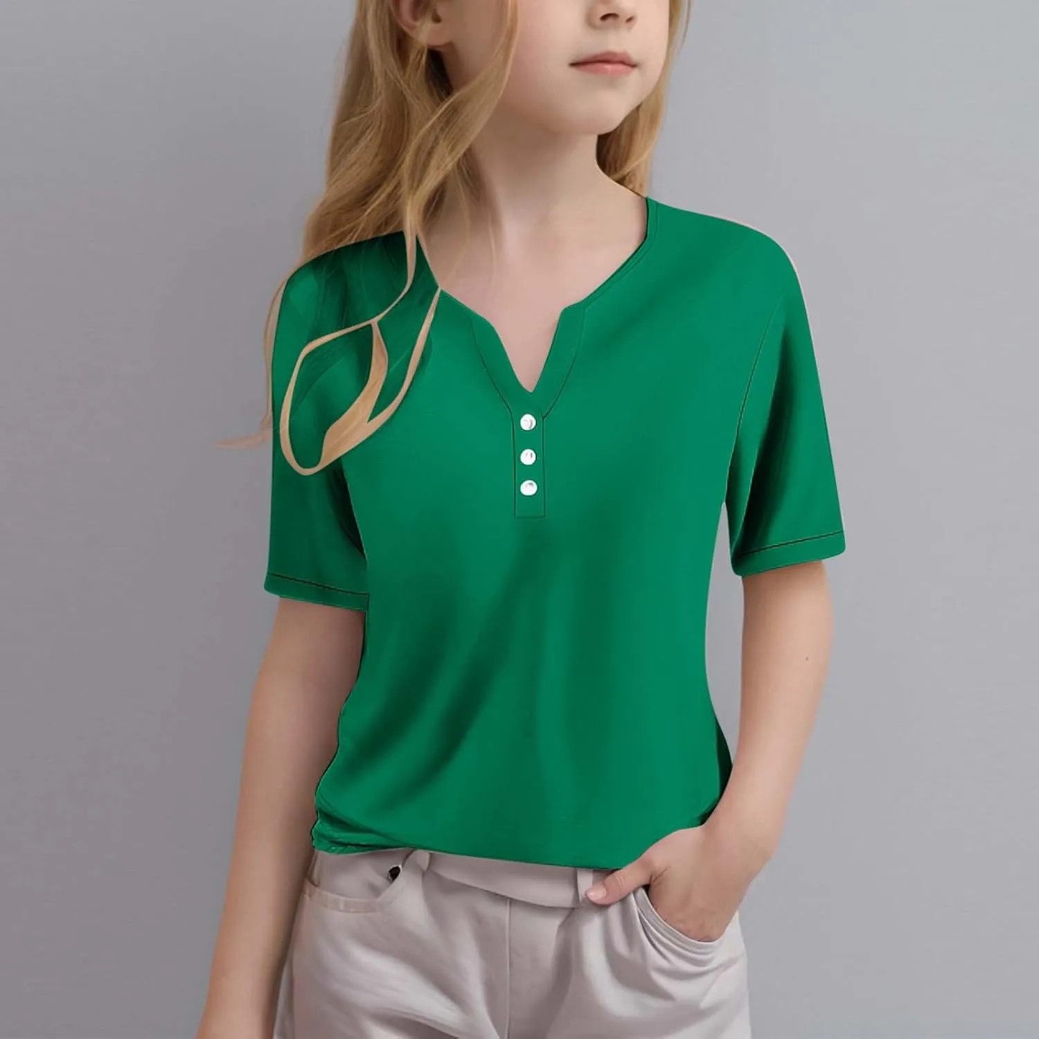 Girls T Shirts V Neck Button Down Henley Shirts Short Sleeve Comfy Blouse Dressy Casual Trendy Tunic Tops