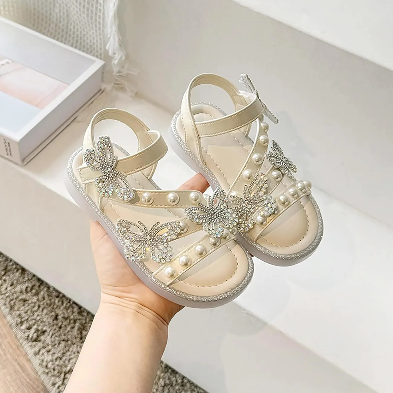 Girls T-Strap Beaded Flower Rhinestone Flats Sandals Dress Beach Shoes Cute Toddler Sandals Summer Dress Shoes