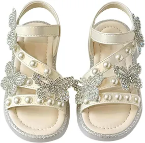 Girls T-Strap Beaded Flower Rhinestone Flats Sandals Dress Beach Shoes Cute Toddler Sandals Summer Dress Shoes