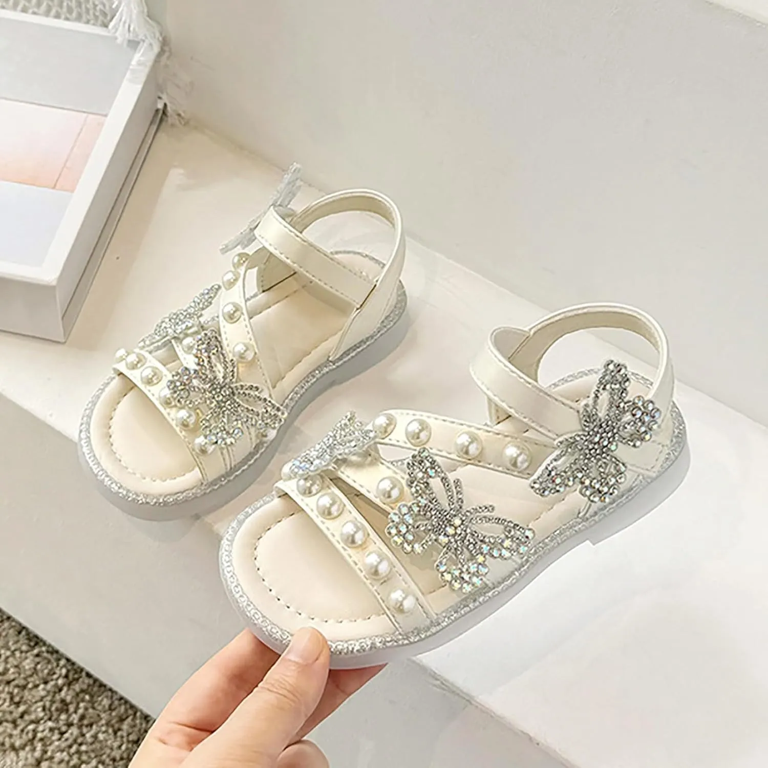 Girls T-Strap Beaded Flower Rhinestone Flats Sandals Dress Beach Shoes Cute Toddler Sandals Summer Dress Shoes