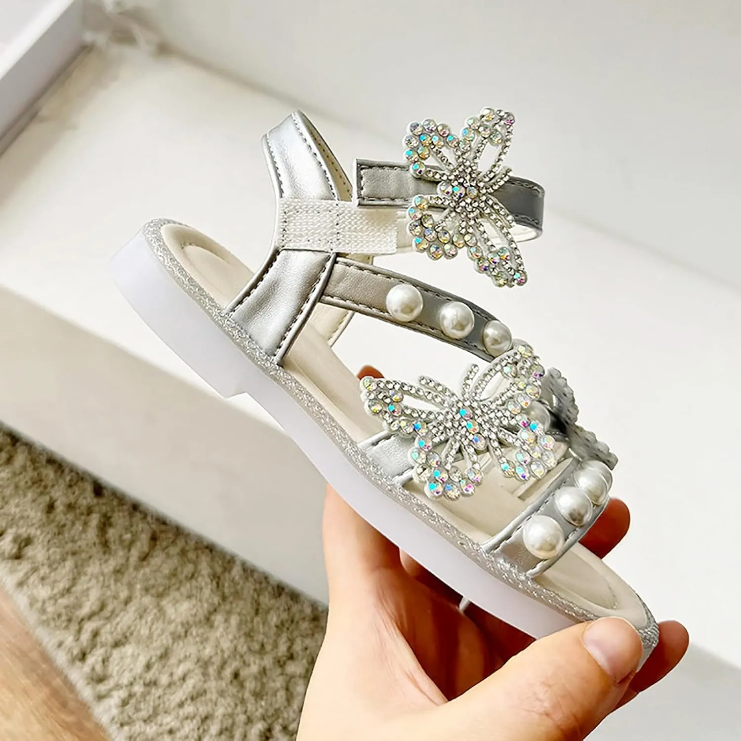 Girls T-Strap Beaded Flower Rhinestone Flats Sandals Dress Beach Shoes Cute Toddler Sandals Summer Dress Shoes