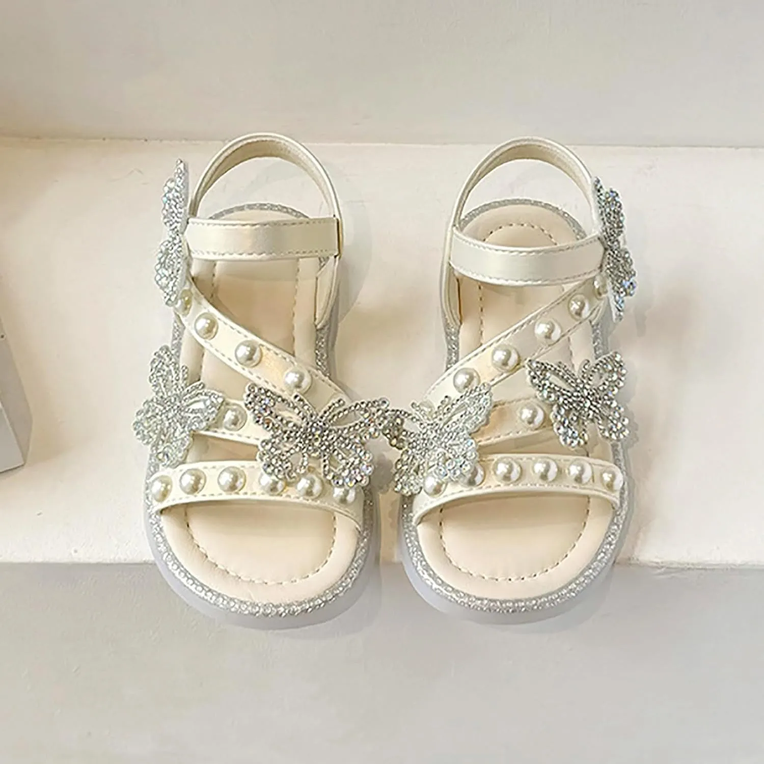 Girls T-Strap Beaded Flower Rhinestone Flats Sandals Dress Beach Shoes Cute Toddler Sandals Summer Dress Shoes