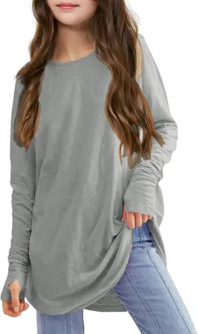 Girls Thumb Holes Long Sleeve Shirts Kids Crewneck Curve Hem Side Slit Soft Tunic Tops Teens Loose Fit Baby Clothes