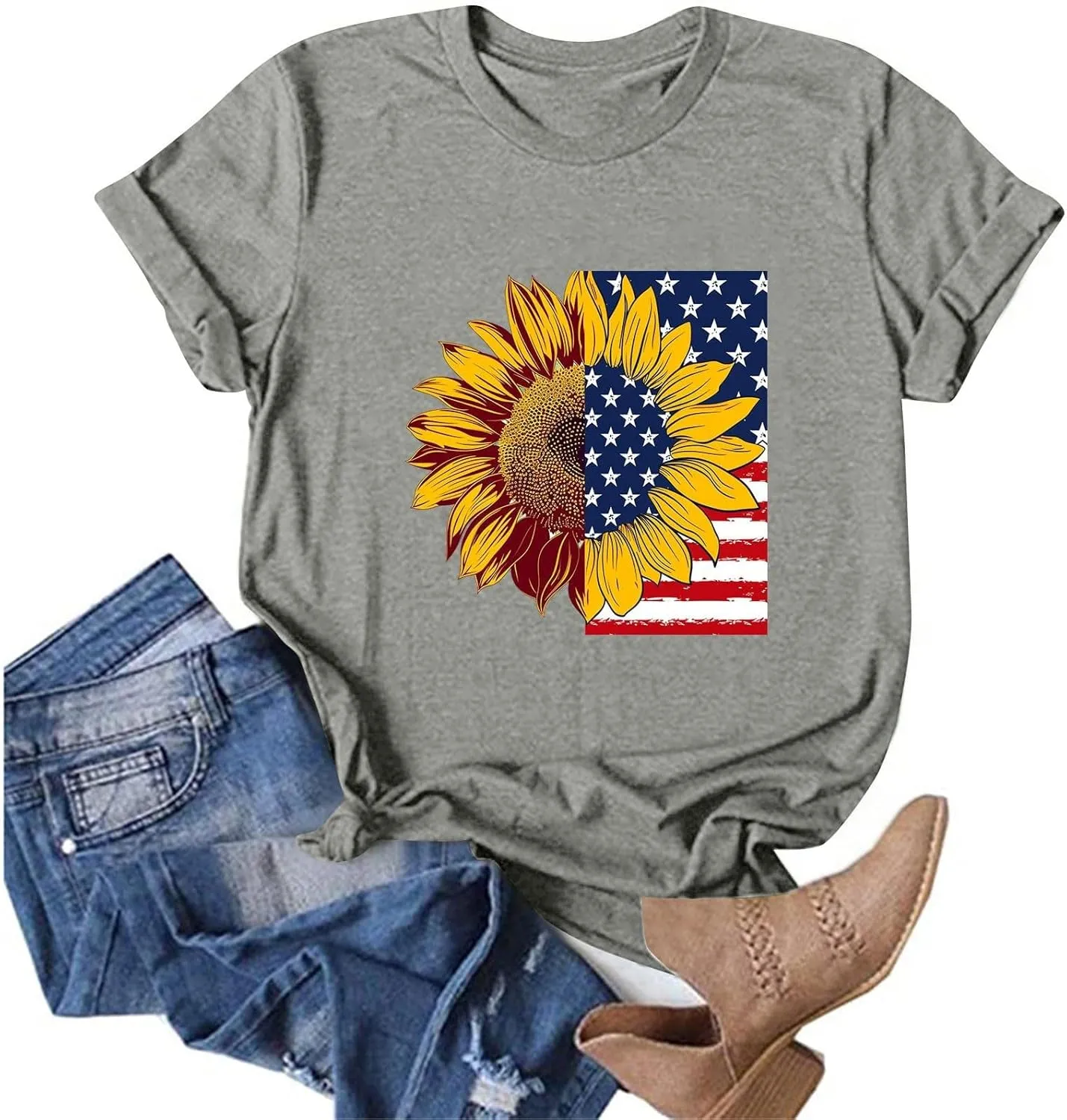 Girls USA Shirt O Neck Short Sleeve Sunflower Patriotic Graphic Fourth July Blouse Oversized Loose Casual Summer Tops