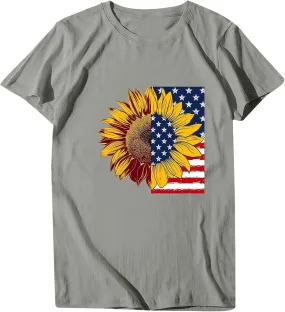 Girls USA Shirt O Neck Short Sleeve Sunflower Patriotic Graphic Fourth July Blouse Oversized Loose Casual Summer Tops