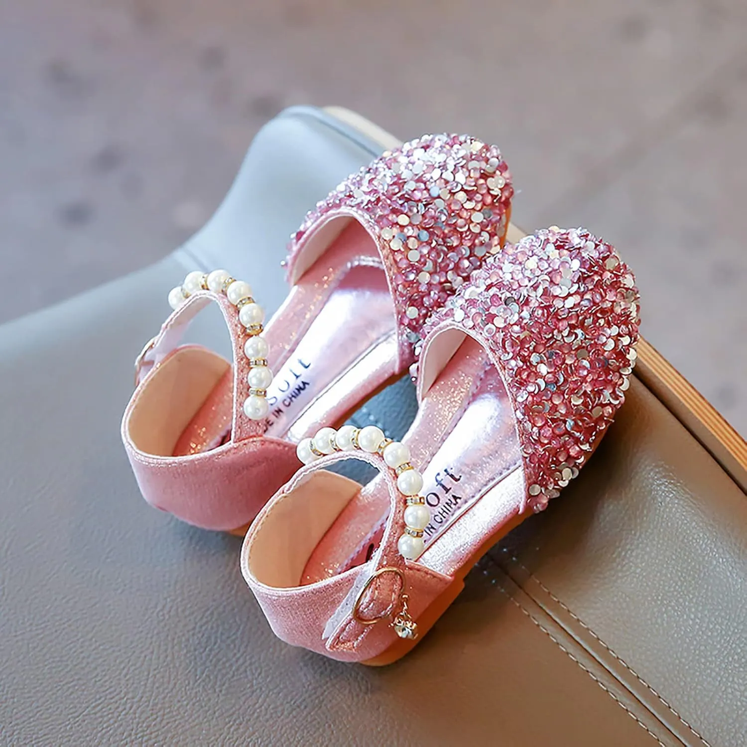 Gray Shoes for Boys Bowknot Kids Shoes Single Baby Girls Bling Princess Sandals Crystal Pearl Creative Shoe