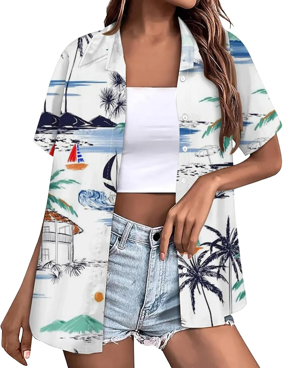 Hawaiian Shirts for Women Summer Beach Shirt Tropical Shirts Womens Hawaii Button Down Short Sleeve