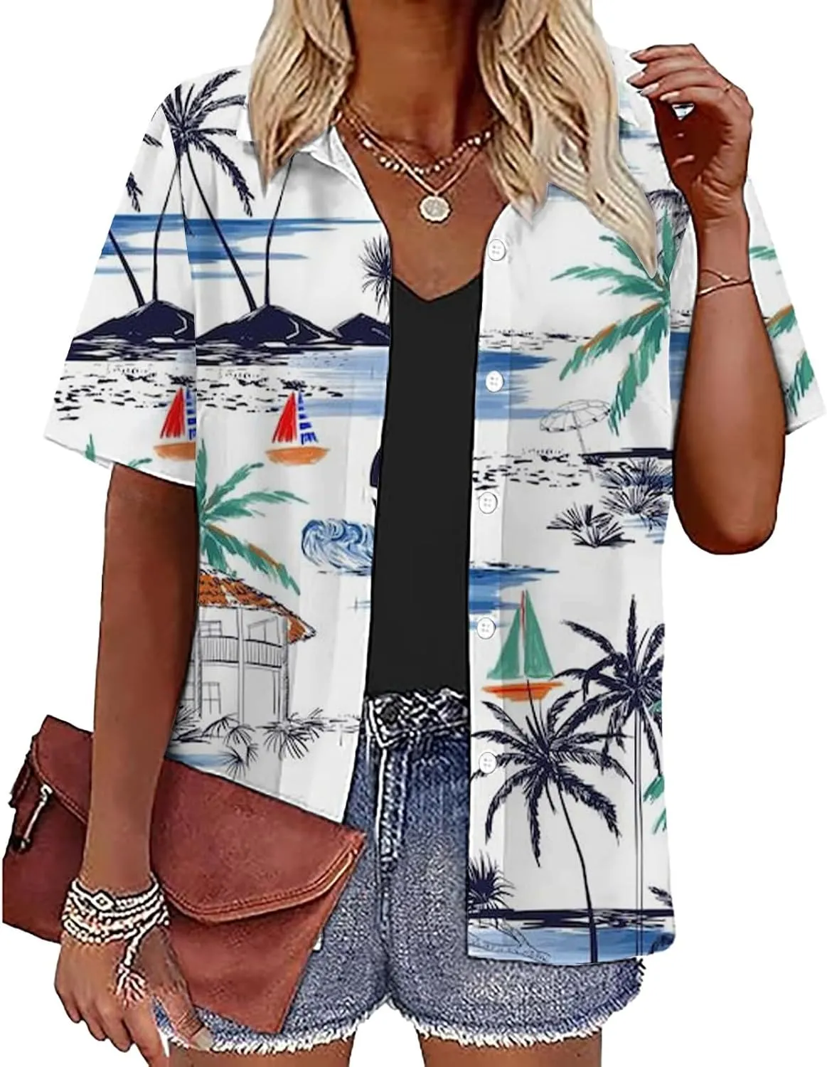 Hawaiian Shirts for Women Summer Beach Shirt Tropical Shirts Womens Hawaii Button Down Short Sleeve