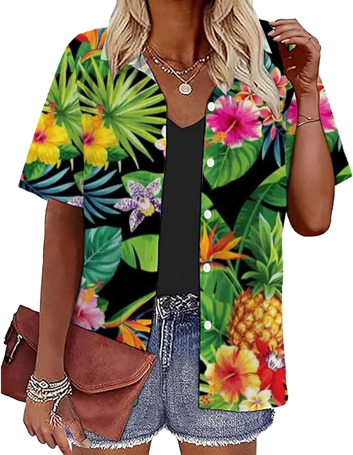 Hawaiian Shirts for Women Summer Beach Shirt Tropical Shirts Womens Hawaii Button Down Short Sleeve