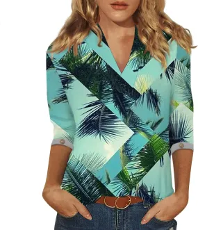 Hawaiian Shirts Womens T Shirts Womens 3/4 Sleeve Hawaiian Shirts V Neck Summer Floral Print Button Casual Tops