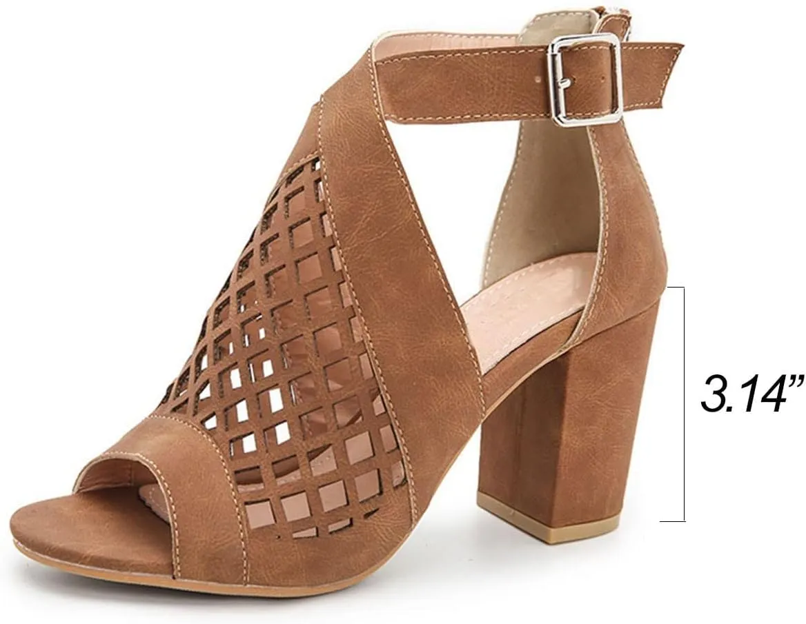 HINDOLA Chunky Heeled Sandals for Womens,Womens Cutout Open Toe Summer Block Heeled Party Wedge Party Dress Sandals