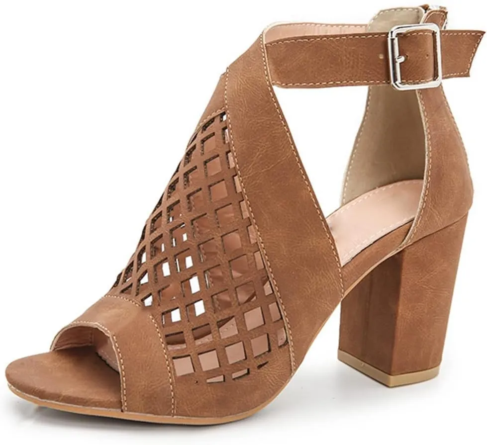 HINDOLA Chunky Heeled Sandals for Womens,Womens Cutout Open Toe Summer Block Heeled Party Wedge Party Dress Sandals