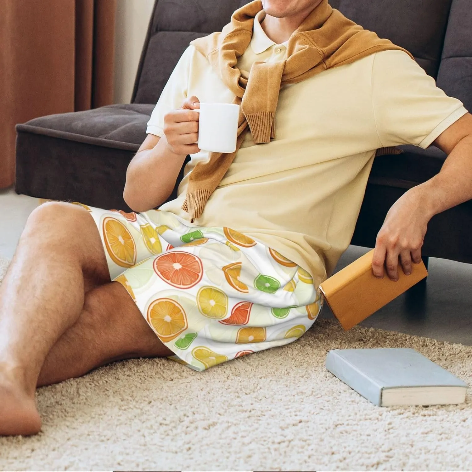 HooYiiok Mens Pajama Pants - Comfy Sleep Shorts Mens Pajama Shorts, Mens Lounge Shorts Pj Pants Colorful Lemons