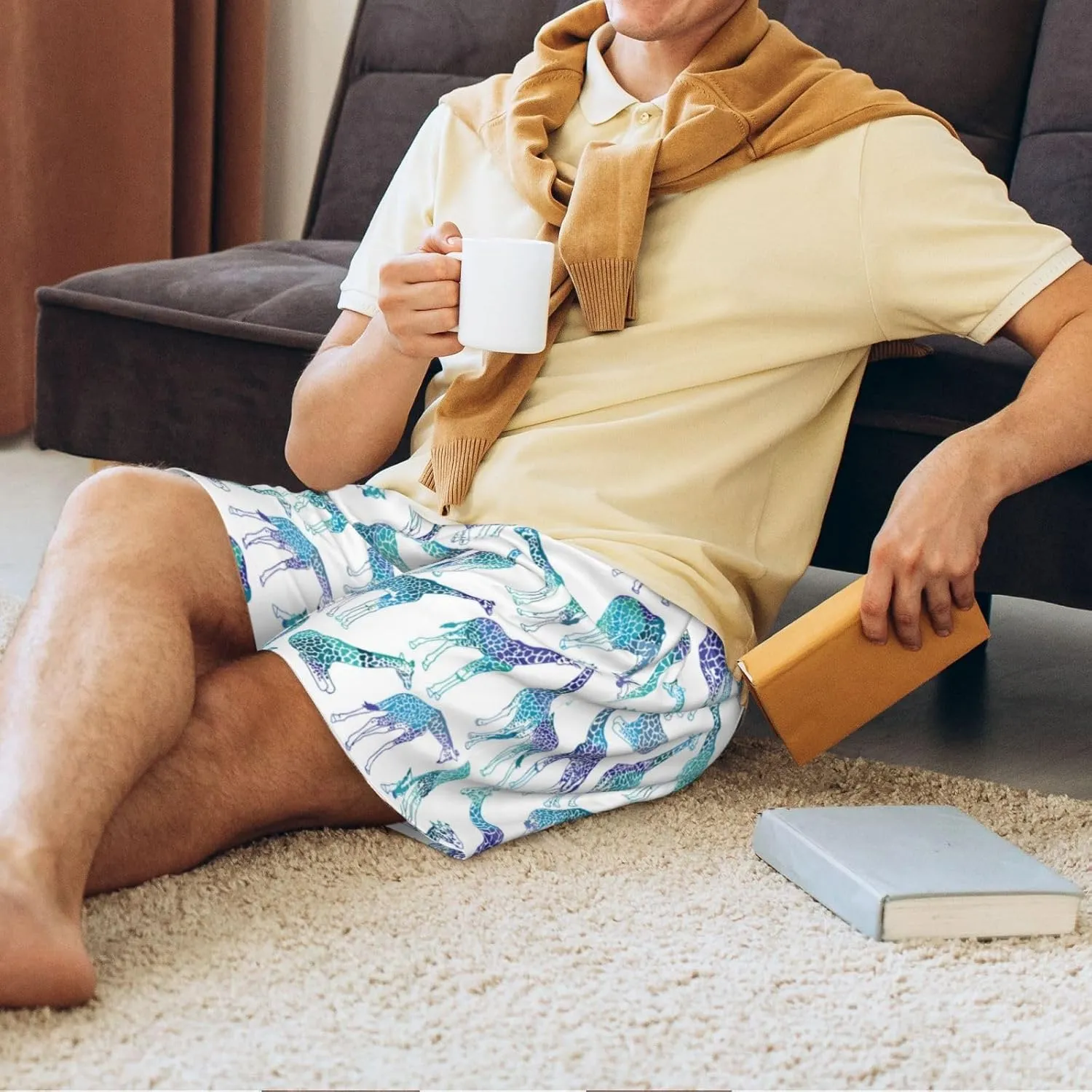 HooYiiok Mens Pajama Pants - Comfy Sleep Shorts Mens Pajama Shorts, Mens Lounge Shorts Pj Pants Cool Giraffe