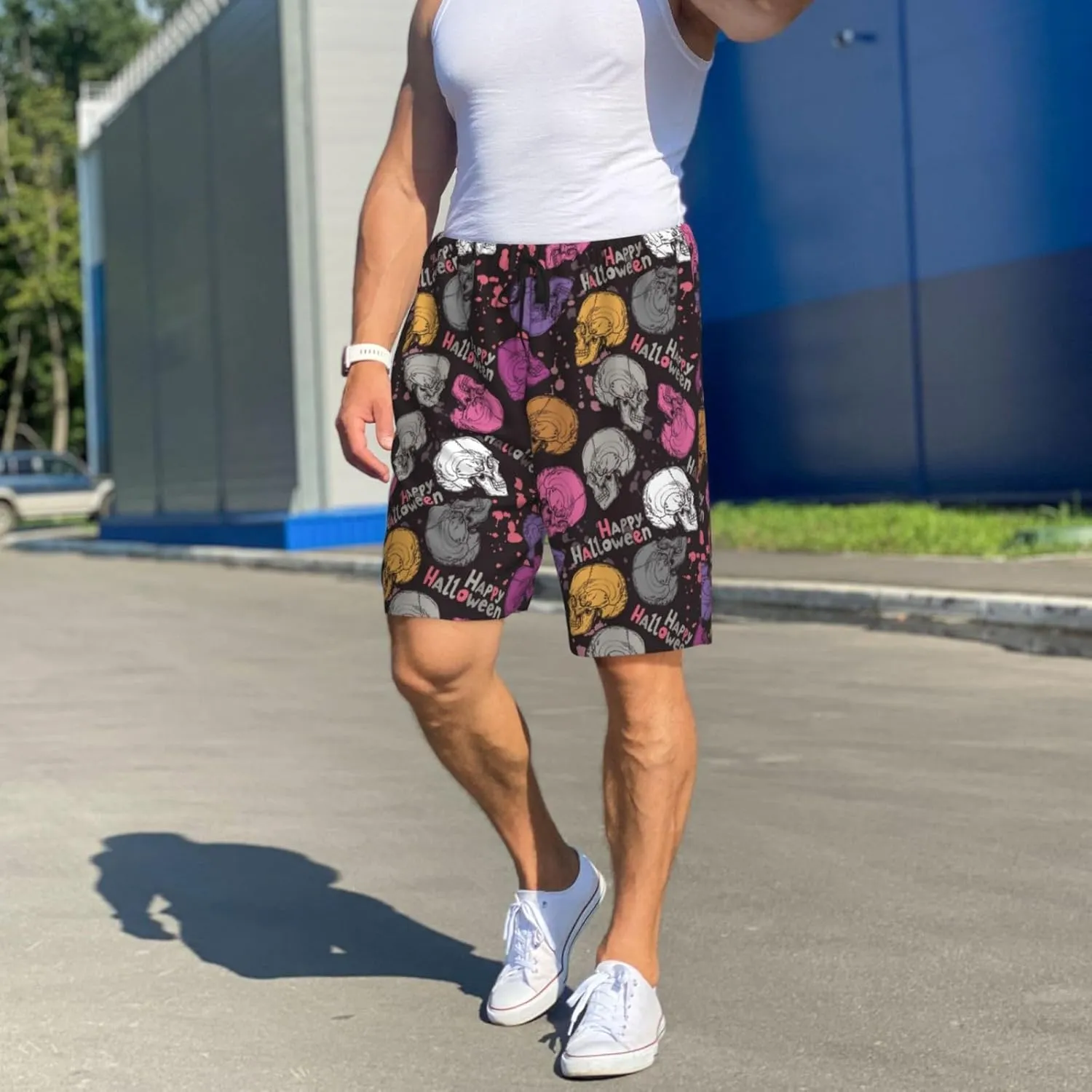 HooYiiok Mens Pajama Pants - Comfy Sleep Shorts Mens Pajama Shorts, Mens Lounge Shorts Pj Pants Halloween Skeleton