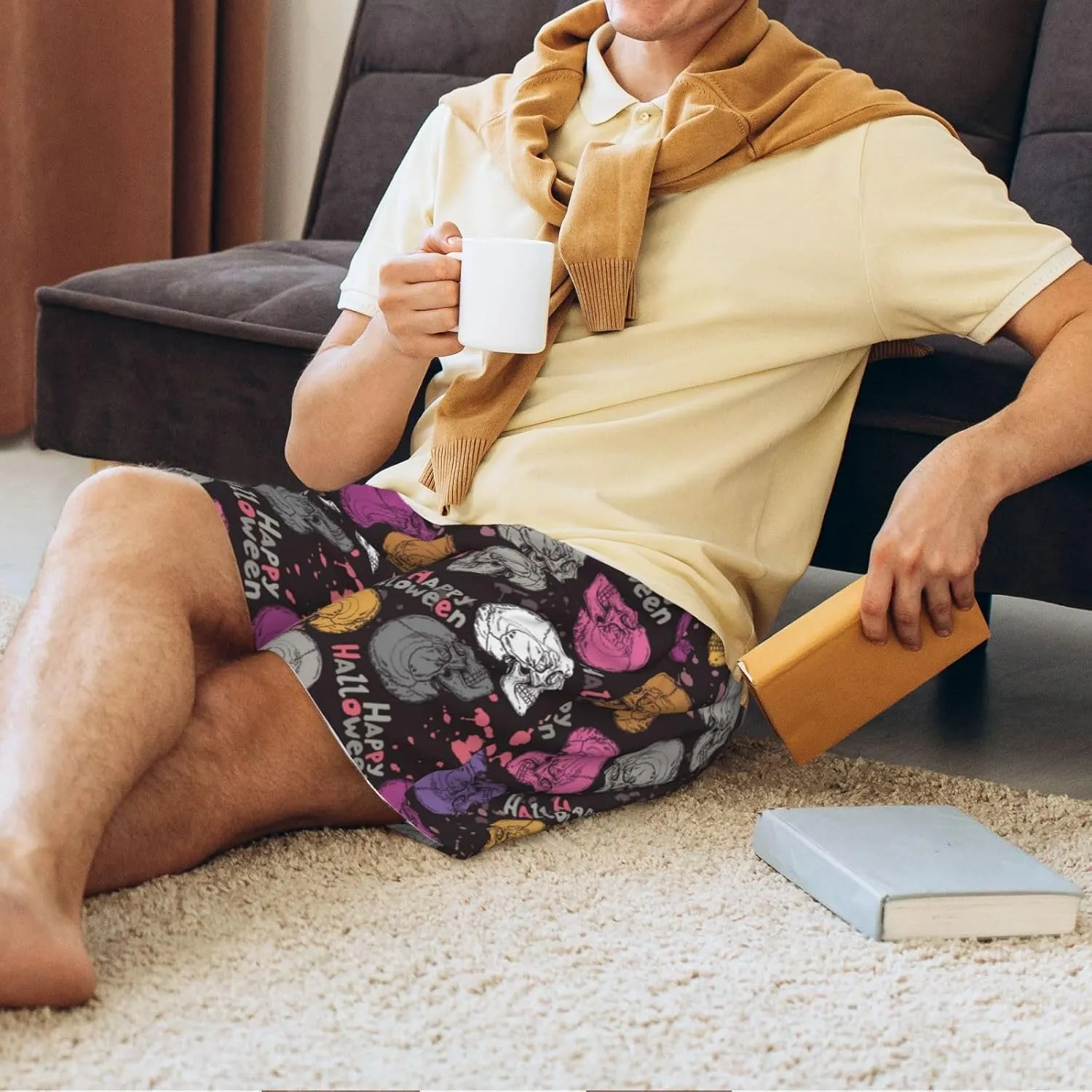 HooYiiok Mens Pajama Pants - Comfy Sleep Shorts Mens Pajama Shorts, Mens Lounge Shorts Pj Pants Halloween Skeleton