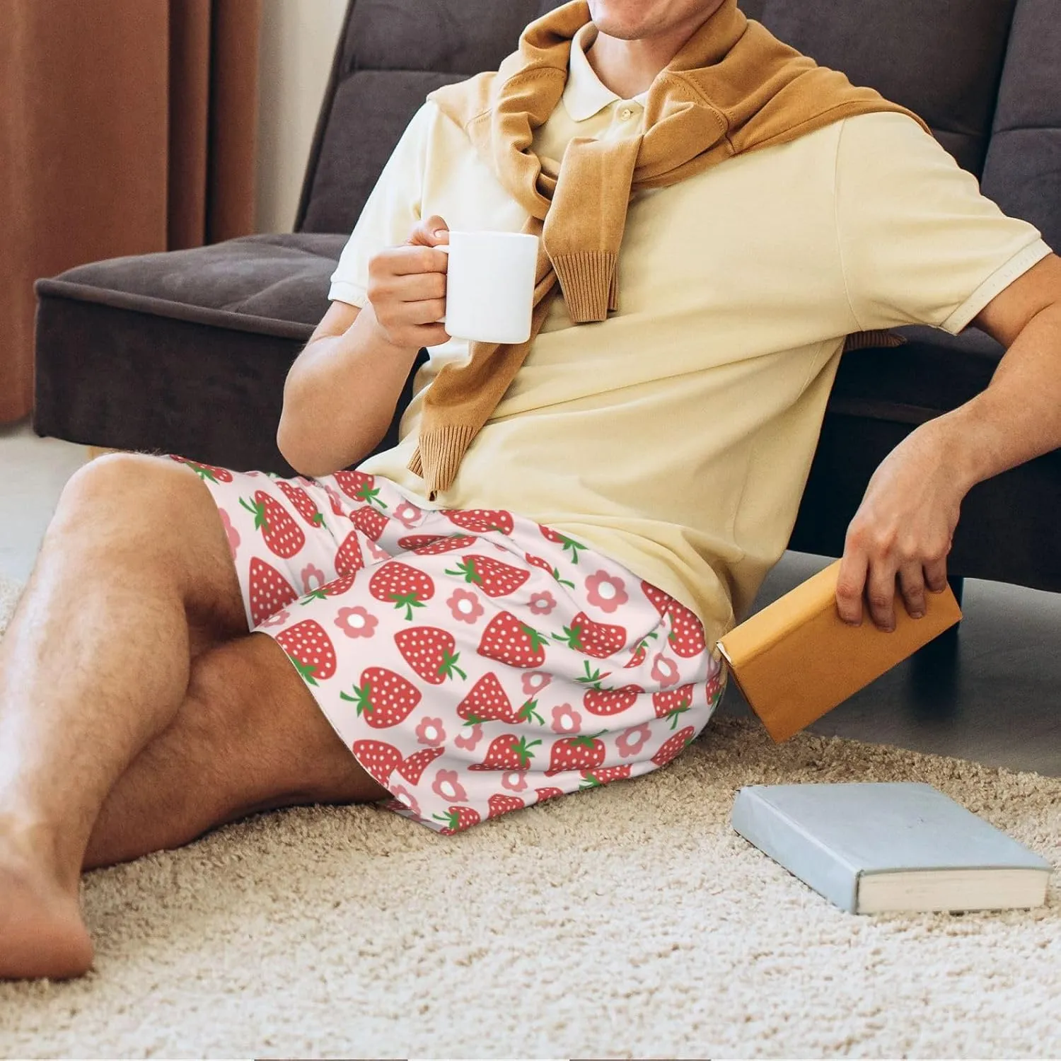 HooYiiok Mens Pajama Pants - Comfy Sleep Shorts Mens Pajama Shorts, Mens Lounge Shorts Pj Pants Strawberry Flower