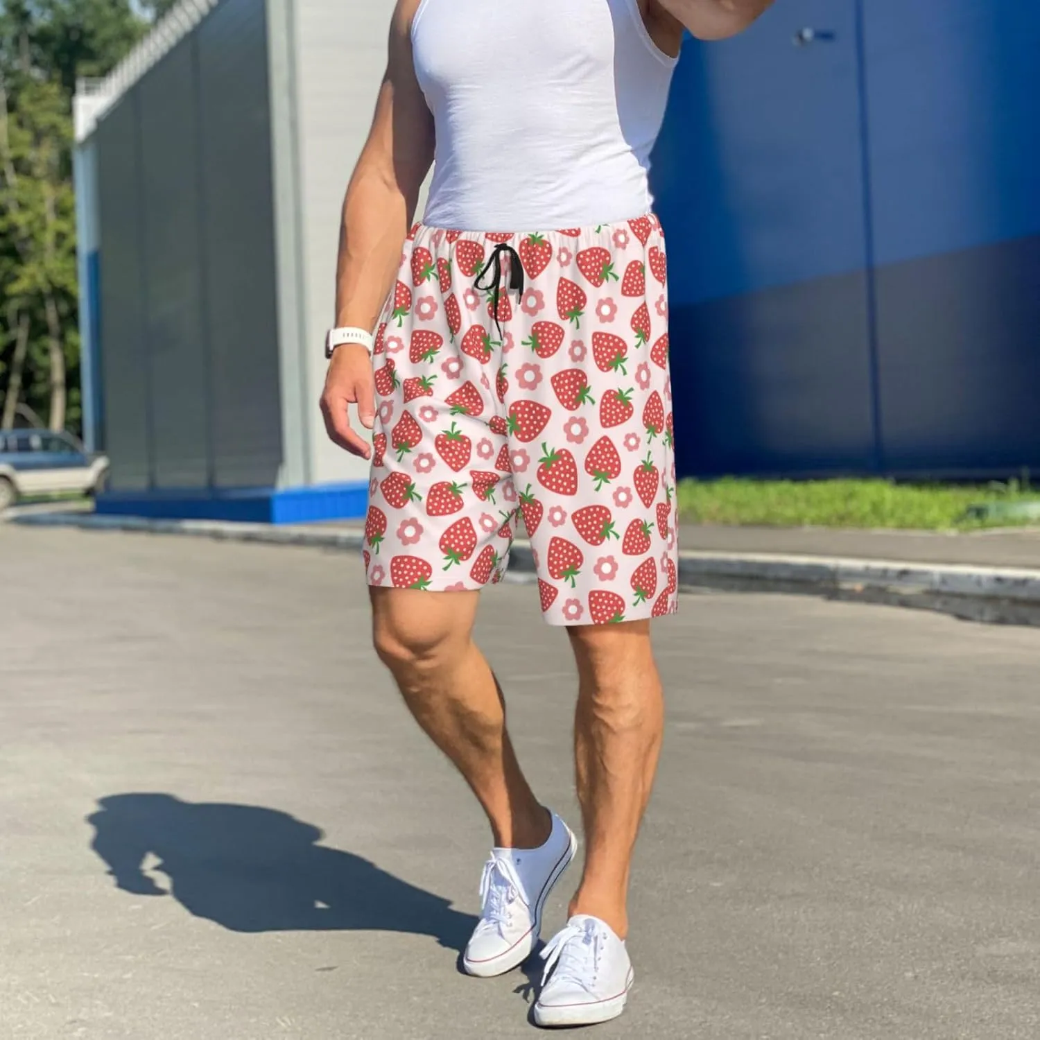 HooYiiok Mens Pajama Pants - Comfy Sleep Shorts Mens Pajama Shorts, Mens Lounge Shorts Pj Pants Strawberry Flower