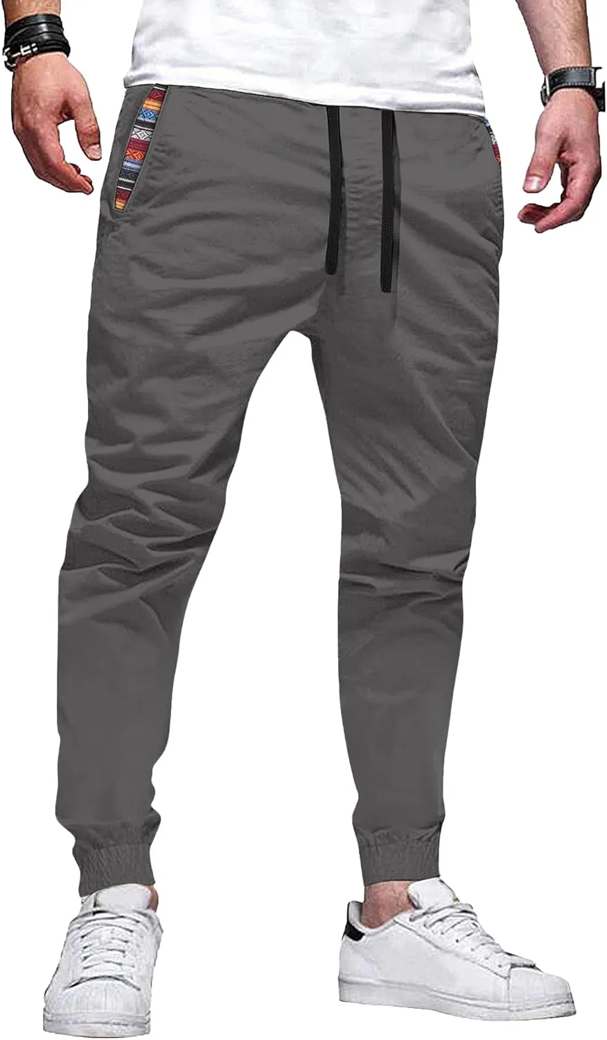 HOTake Mens Joggers Pants Elastic Waistband Khaki Pants Mens Drawstring Casual Pants with Signature Pockets