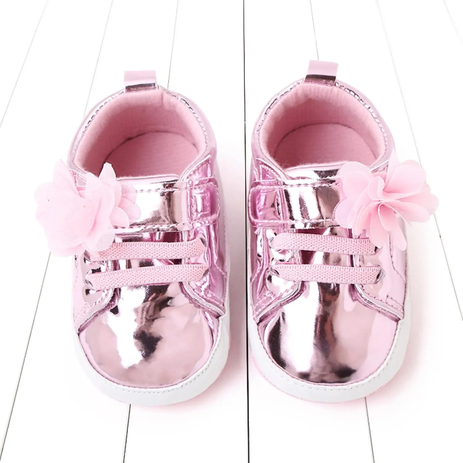 Infant Baby Girls Flower PU Leather Sneakers Newborn Toddler Solid Soft Sole Anti-Slip Shiny Ankle Dress Shoes