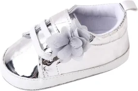 Infant Baby Girls Flower PU Leather Sneakers Newborn Toddler Solid Soft Sole Anti-Slip Shiny Ankle Dress Shoes