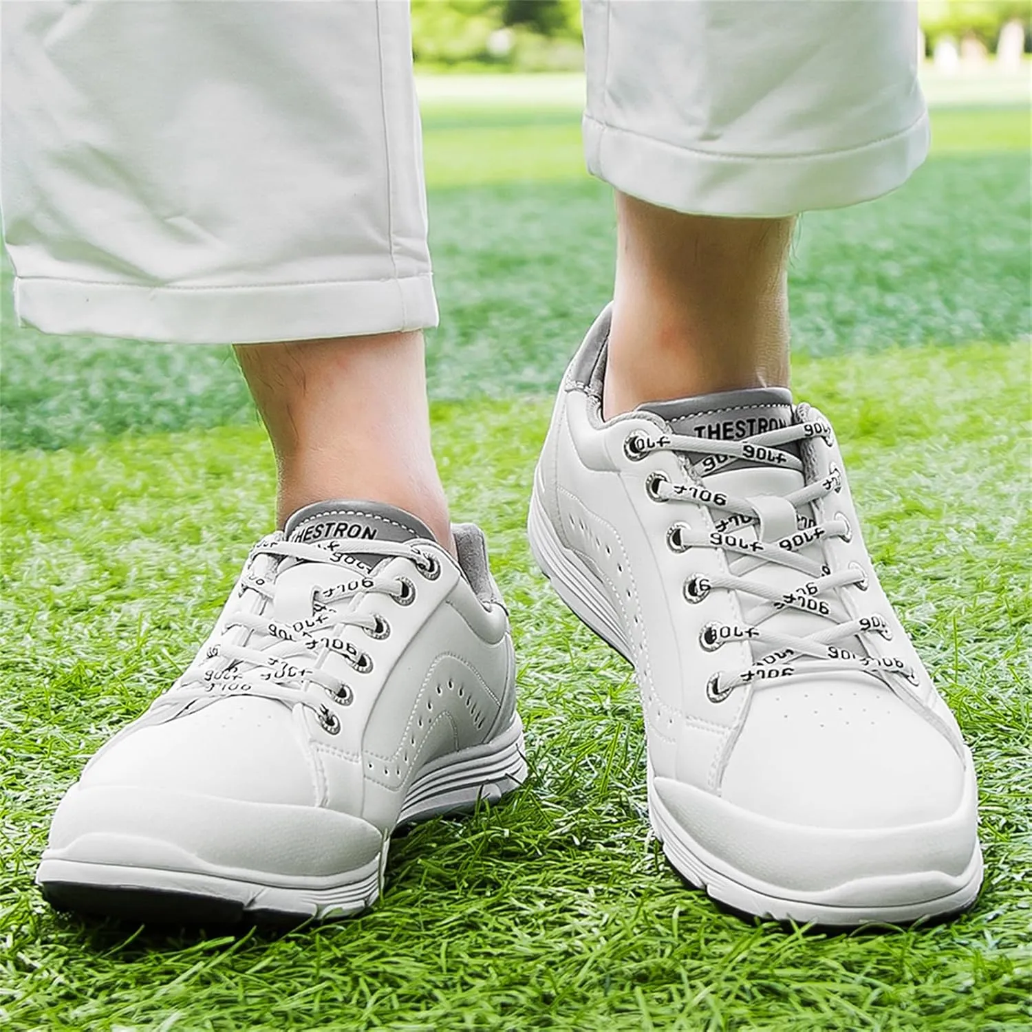 JiuQing Men's Golf Shoes Fashion Spikeless Leather Golfing Trainers Anti-Slip Outdoor Walking Footwears
