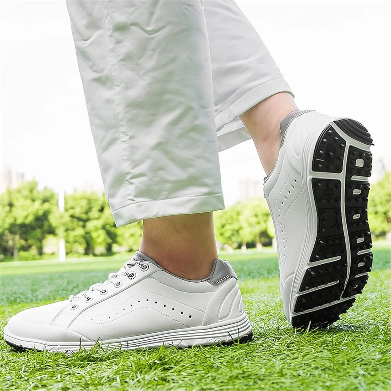 JiuQing Men's Golf Shoes Fashion Spikeless Leather Golfing Trainers Anti-Slip Outdoor Walking Footwears