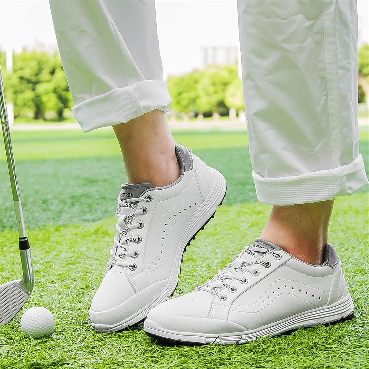 JiuQing Men's Golf Shoes Fashion Spikeless Leather Golfing Trainers Anti-Slip Outdoor Walking Footwears