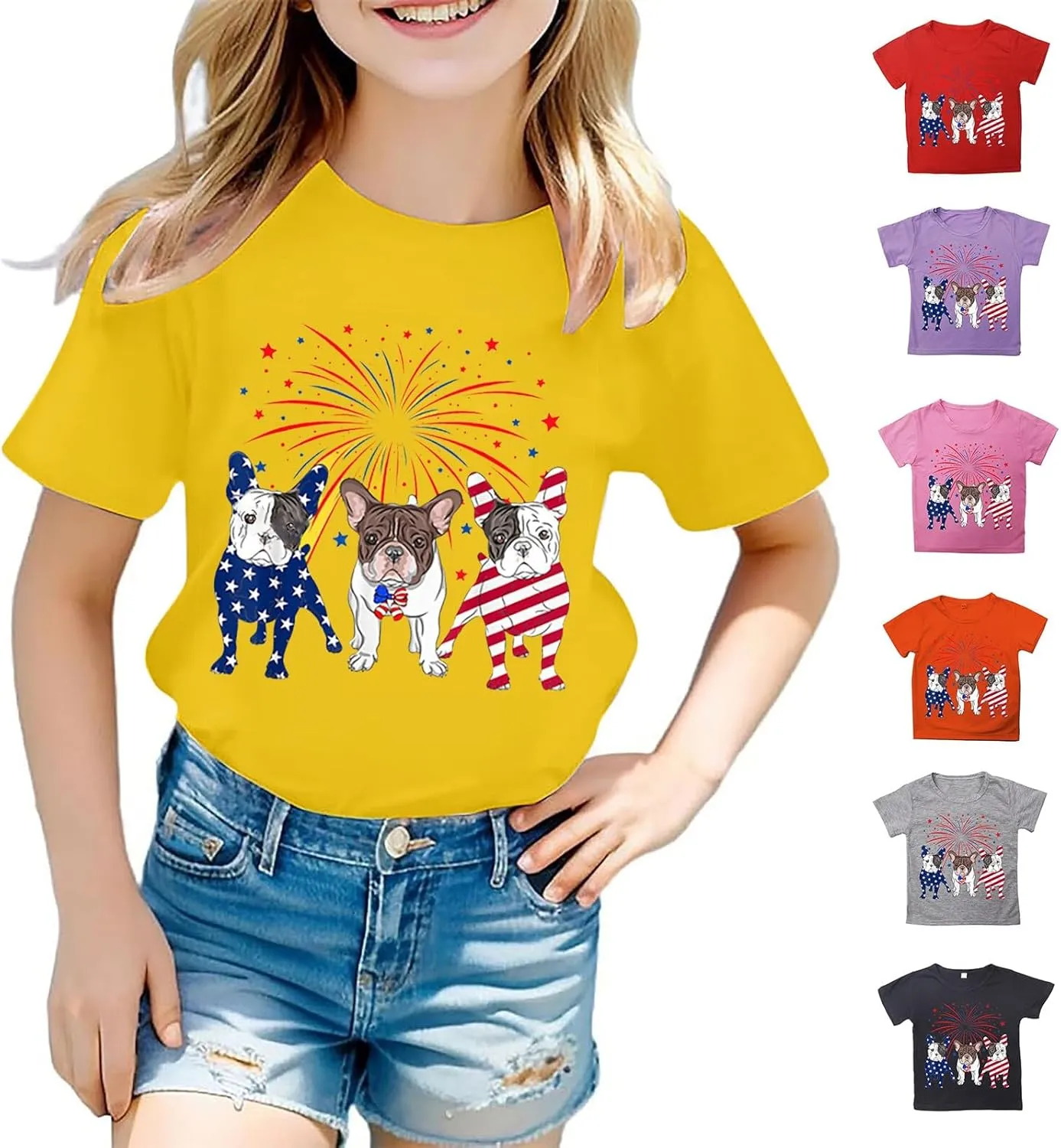 Kids 4th of July T-Shirts Funny Dog Patriotic Tees Oversized Tops for Girls Boys Short Sleeve T-Shirts Crewneck Tees