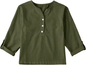 Kids Buttons Shirts Long Sleeve Solid V Neck Cotton Linen Tees Tops Toddler Summer Casual Blouse Tops Clothes Comfy