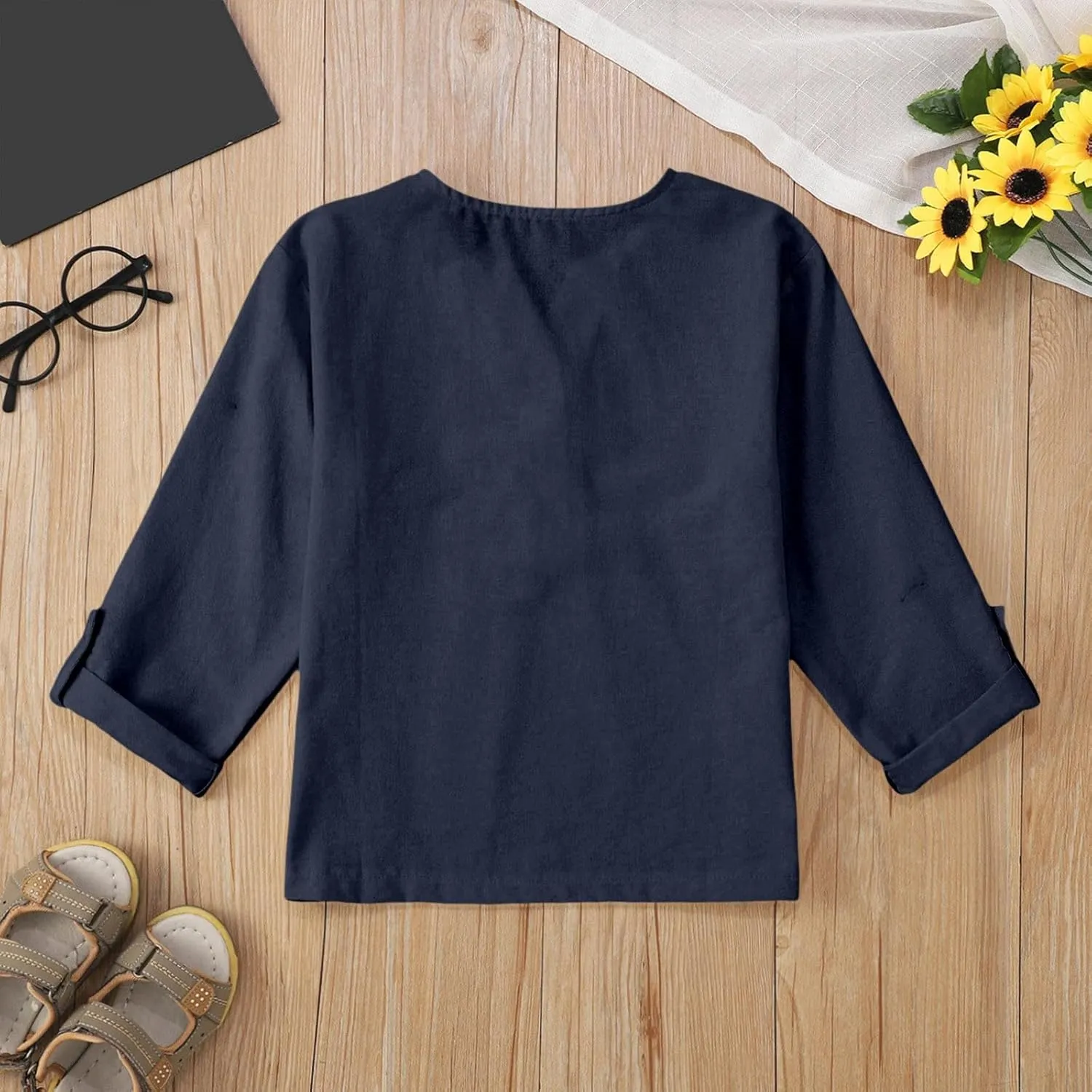 Kids Buttons Shirts Long Sleeve Solid V Neck Cotton Linen Tees Tops Toddler Summer Casual Blouse Tops Clothes Comfy