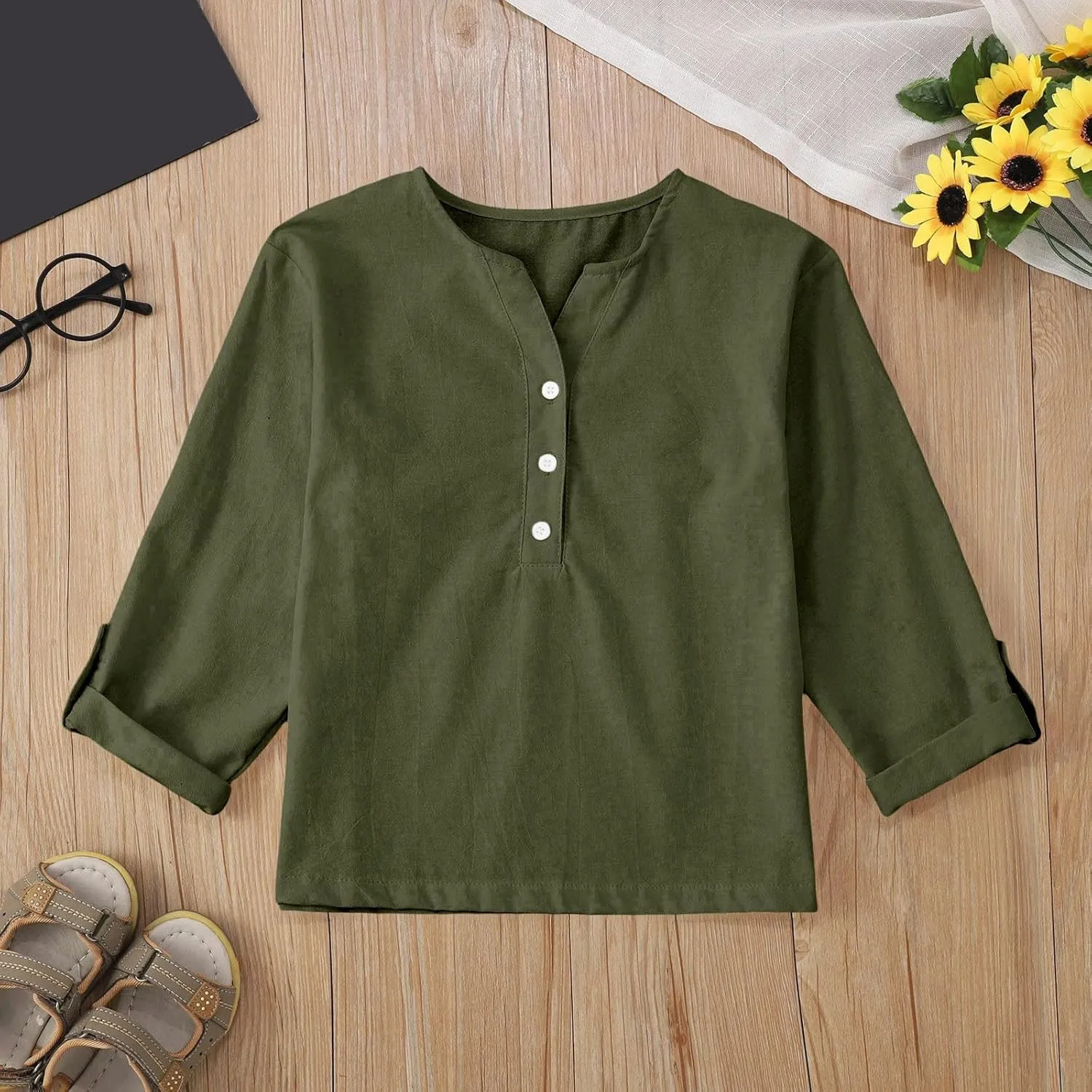 Kids Buttons Shirts Long Sleeve Solid V Neck Cotton Linen Tees Tops Toddler Summer Casual Blouse Tops Clothes Comfy